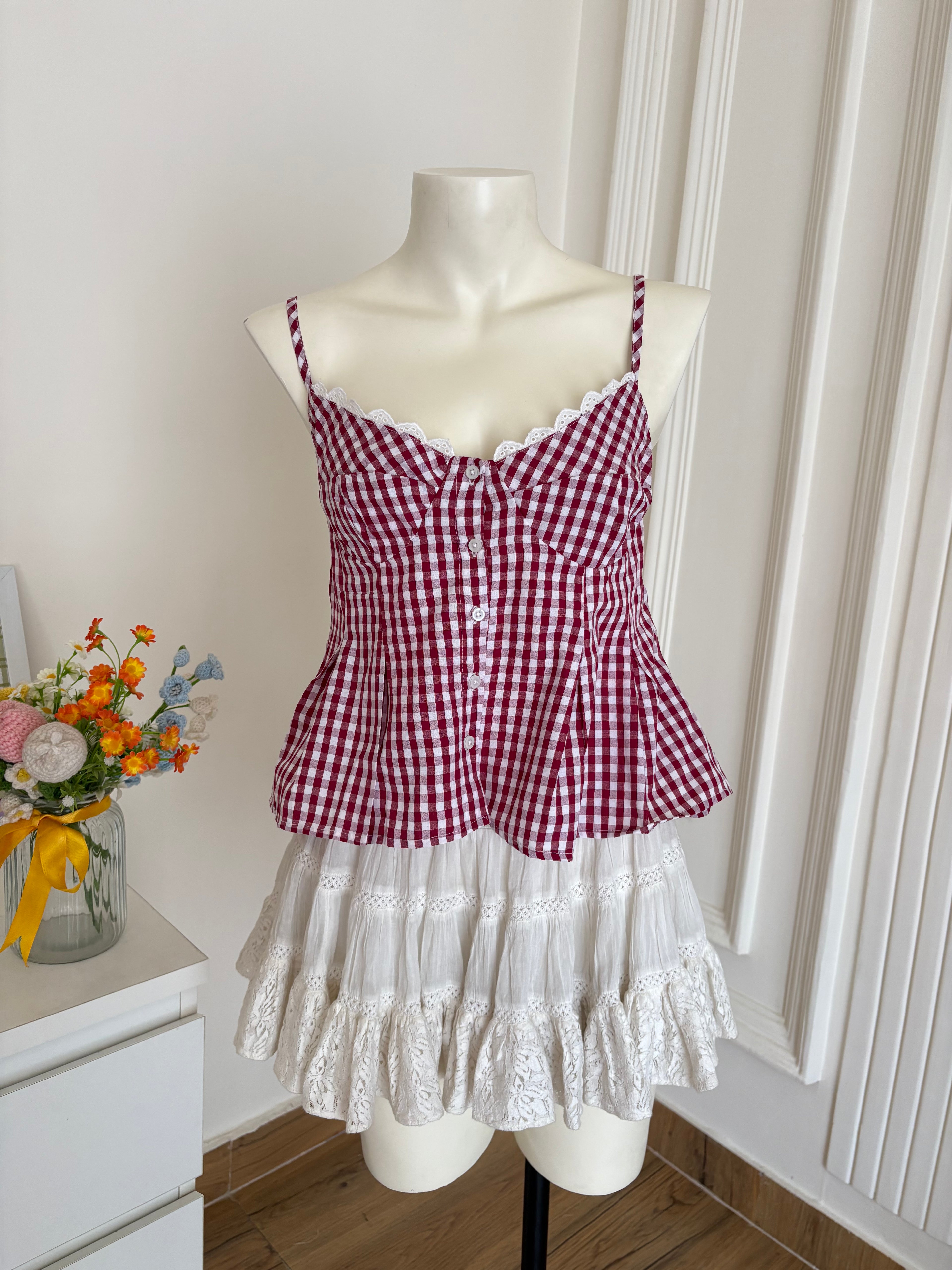 Maroon check top