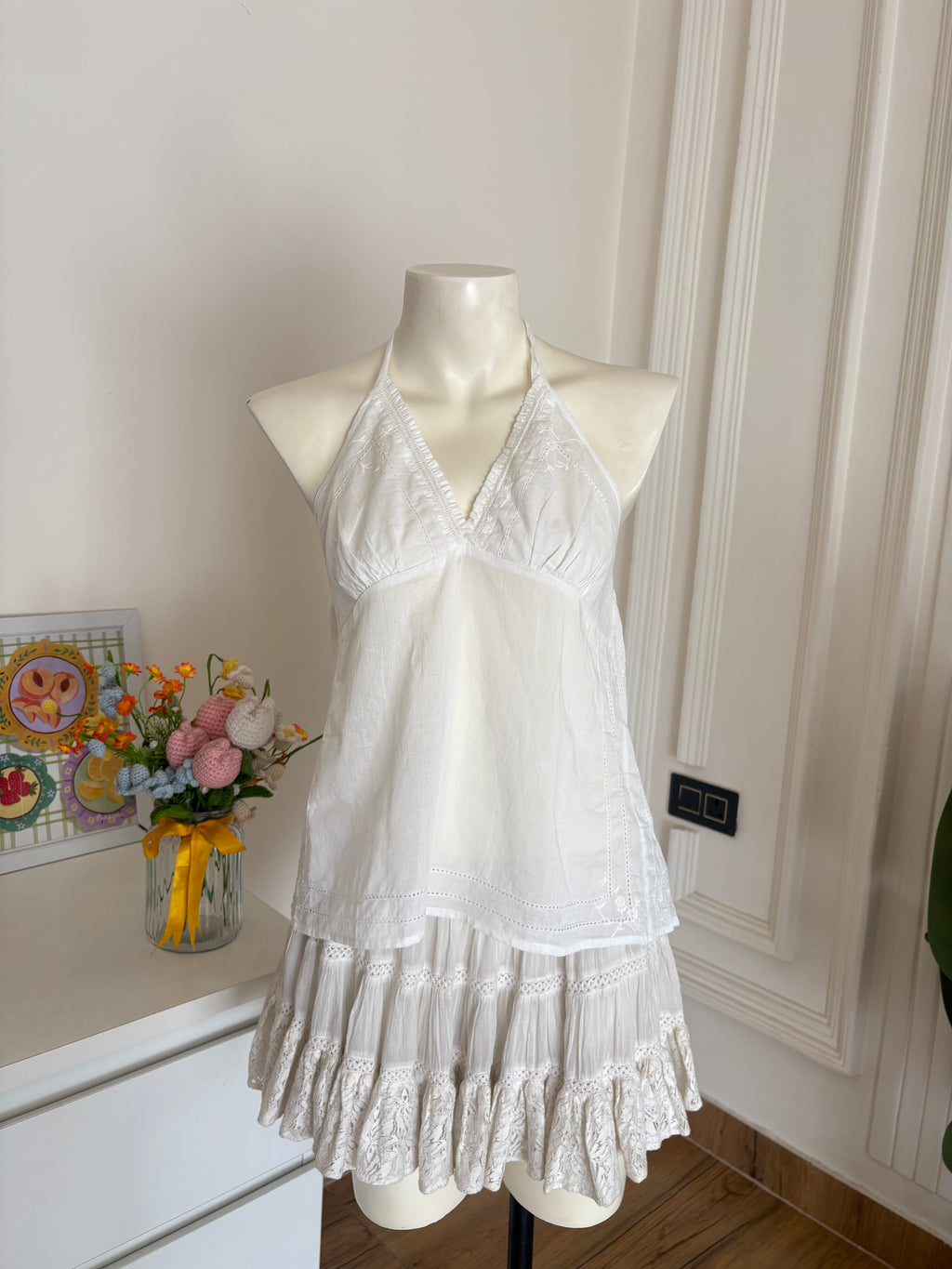White embroidered halter neck cotton