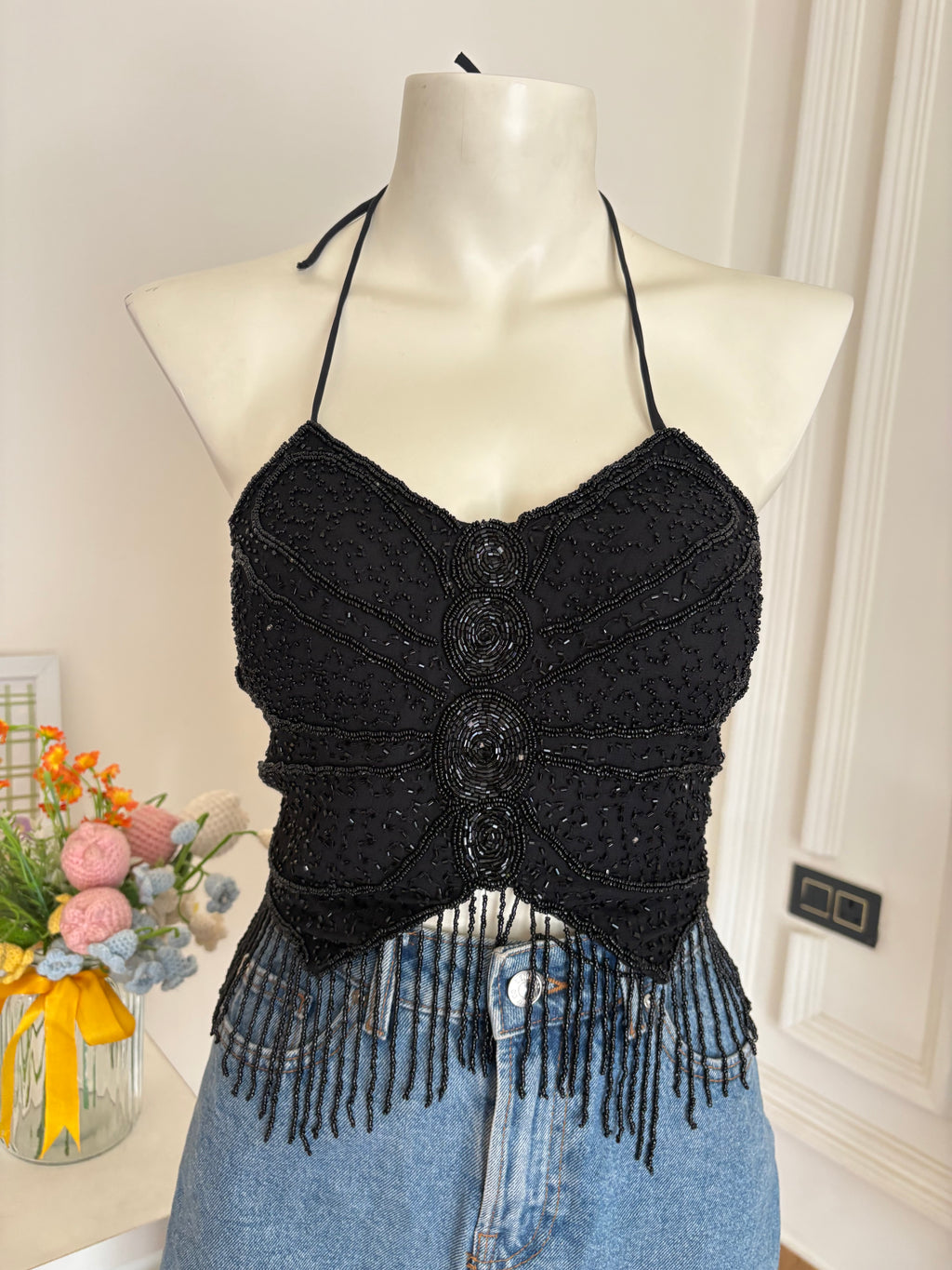 Black butterfly padded beaded top 5