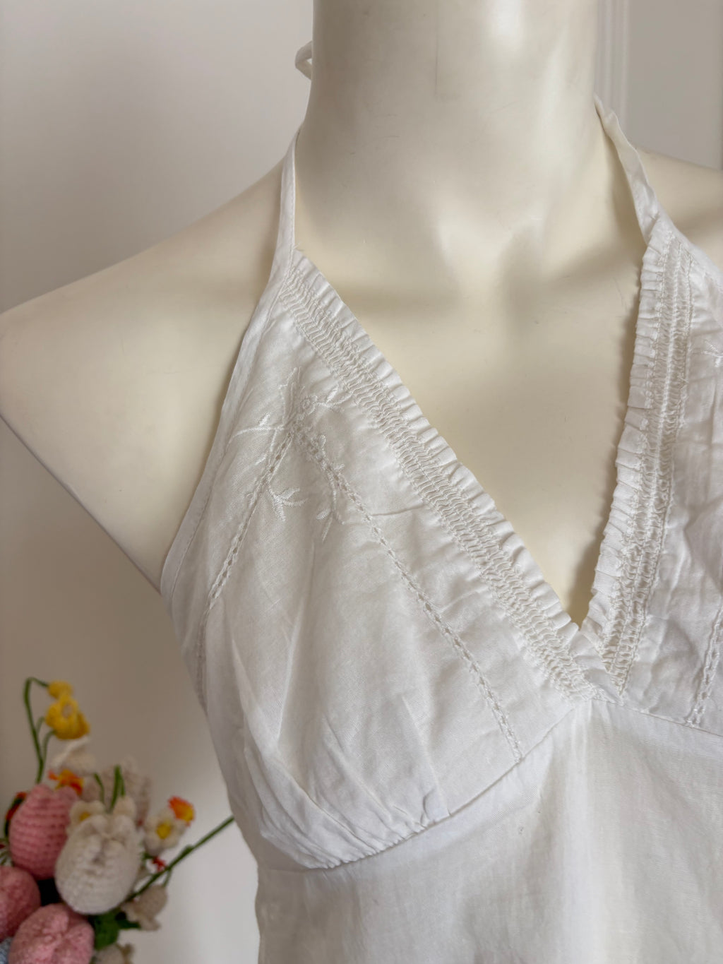 White embroidered halter neck cotton