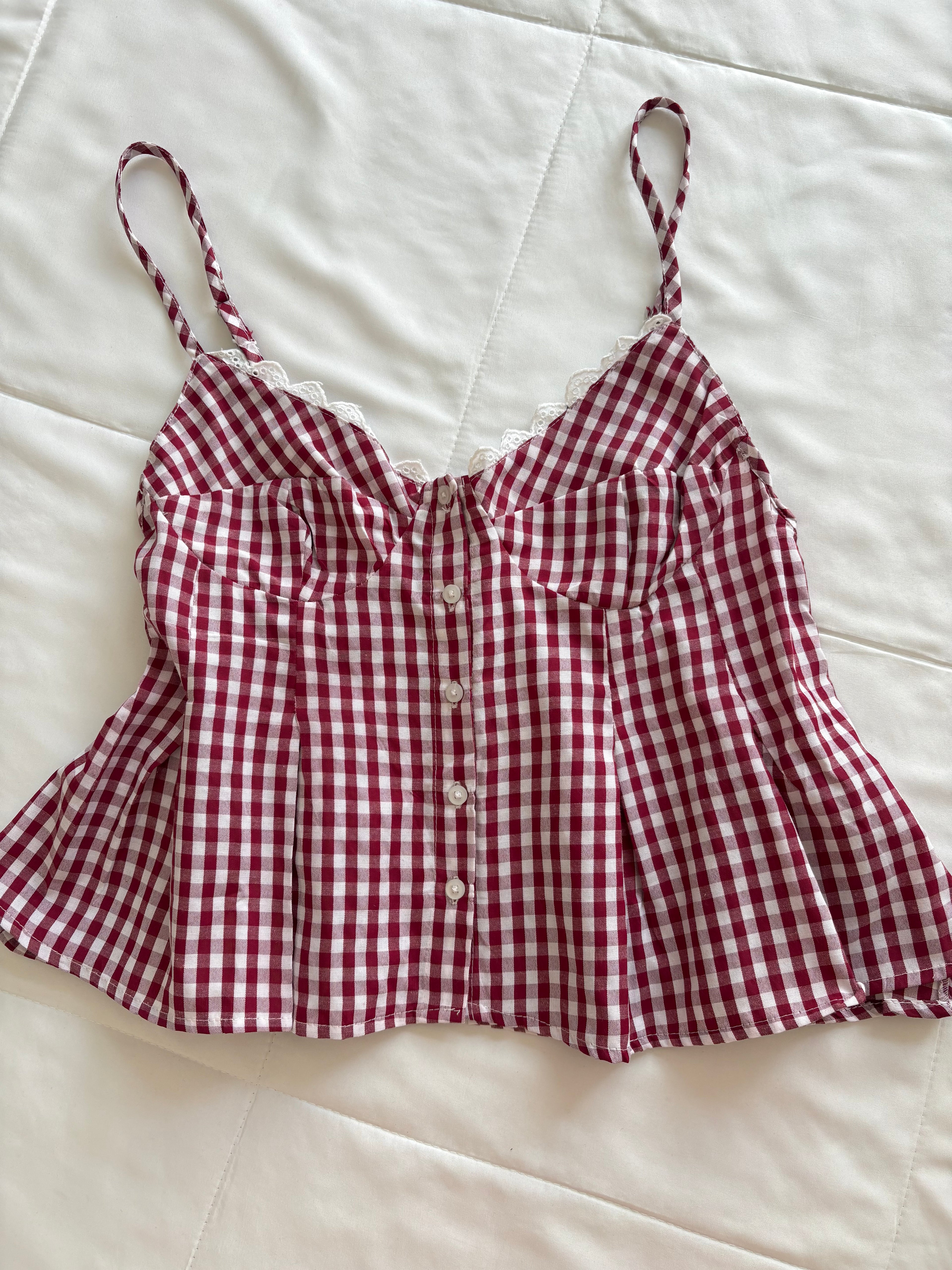 Maroon check top