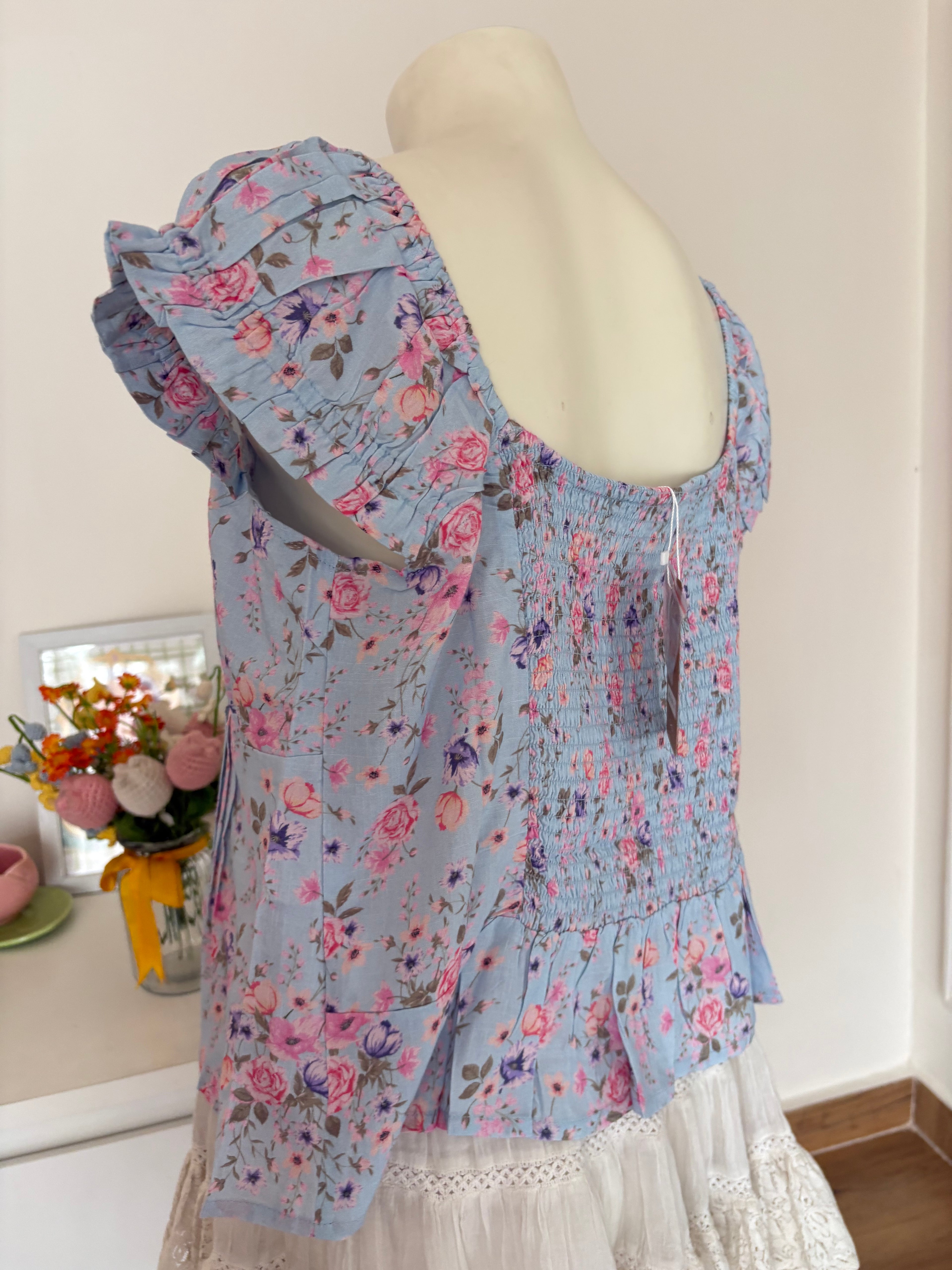 Blue pink floral top