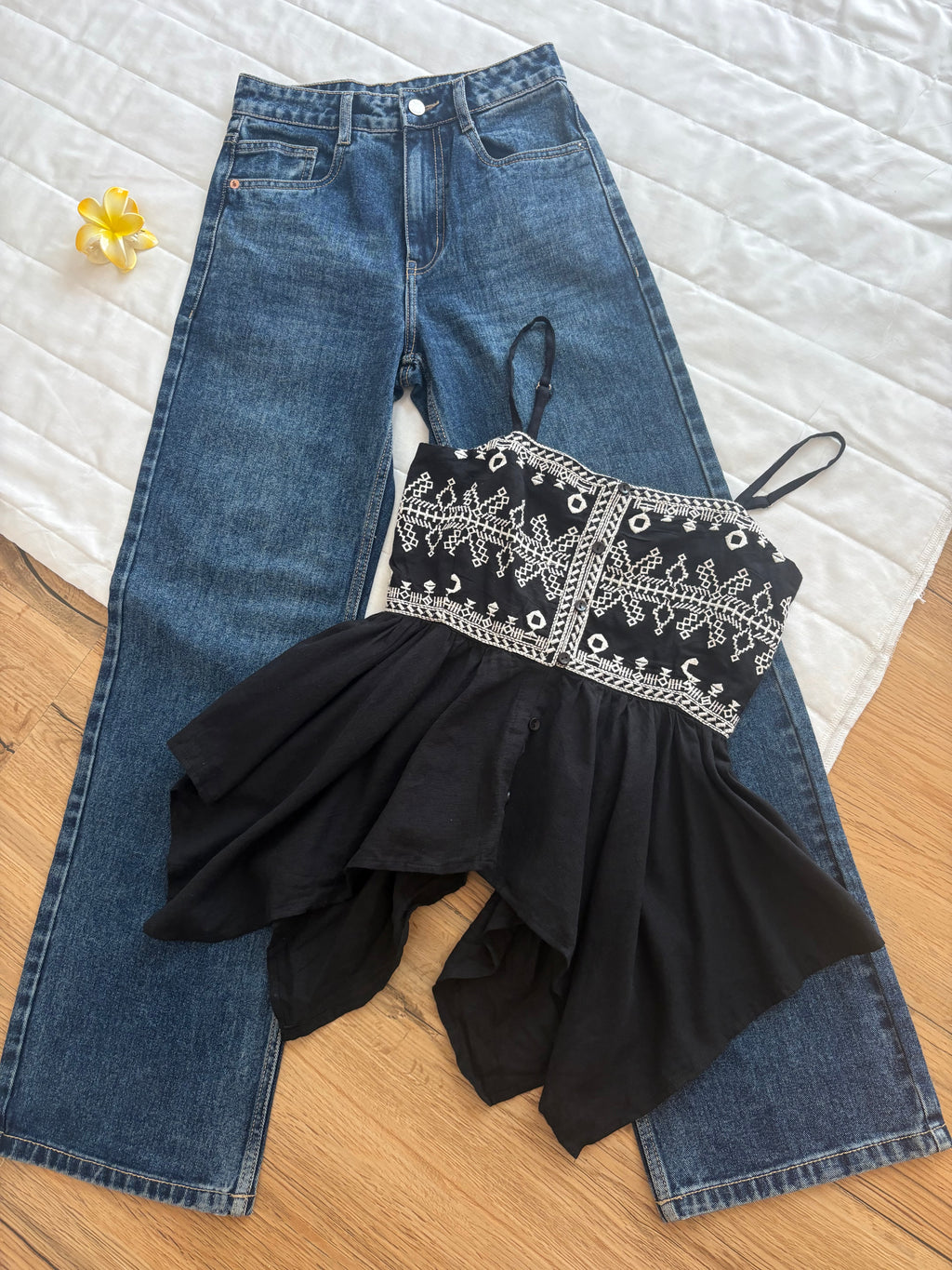 Black embroidered asymmetrical top