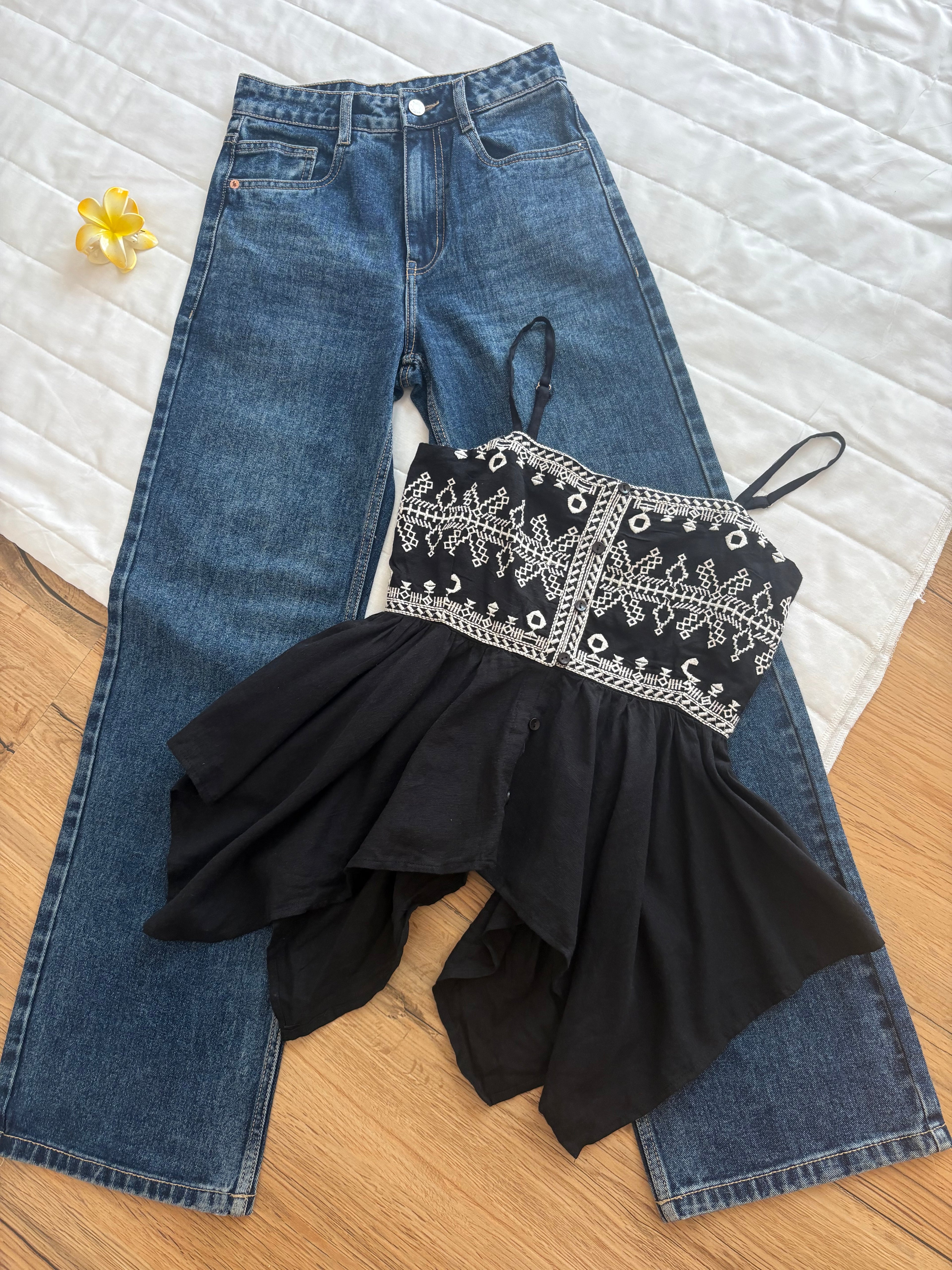 Black embroidered asymmetrical top