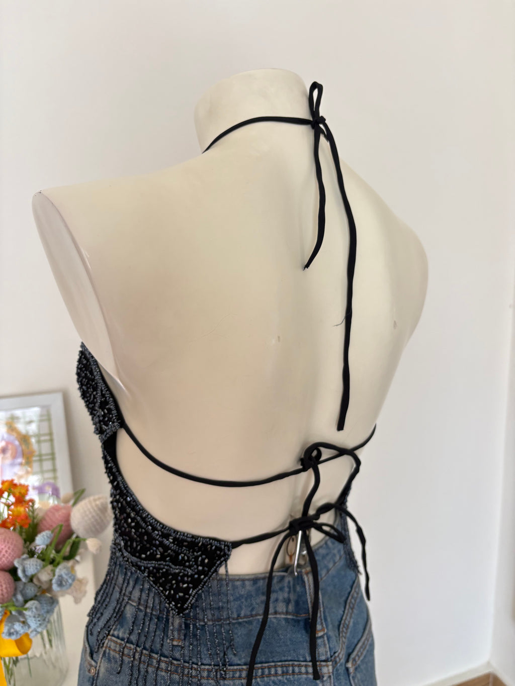 Black blue beads butterfly top