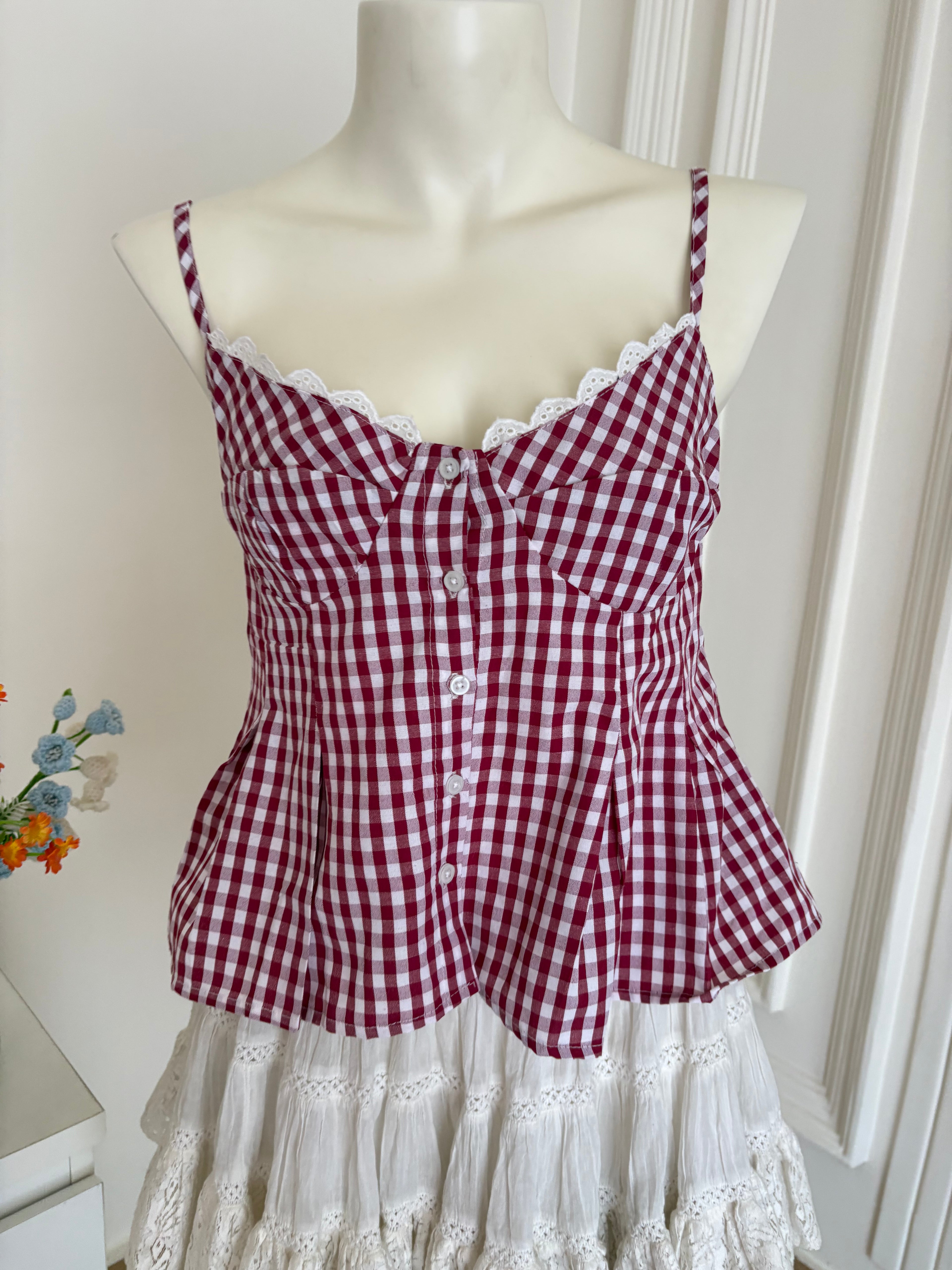Maroon check top