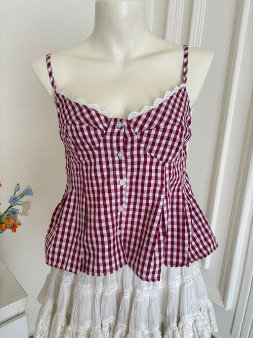 Maroon check top