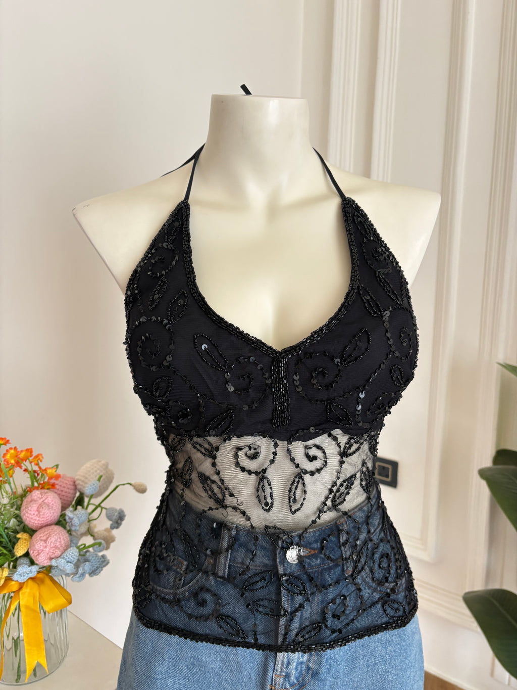 Black padded beaded top 1