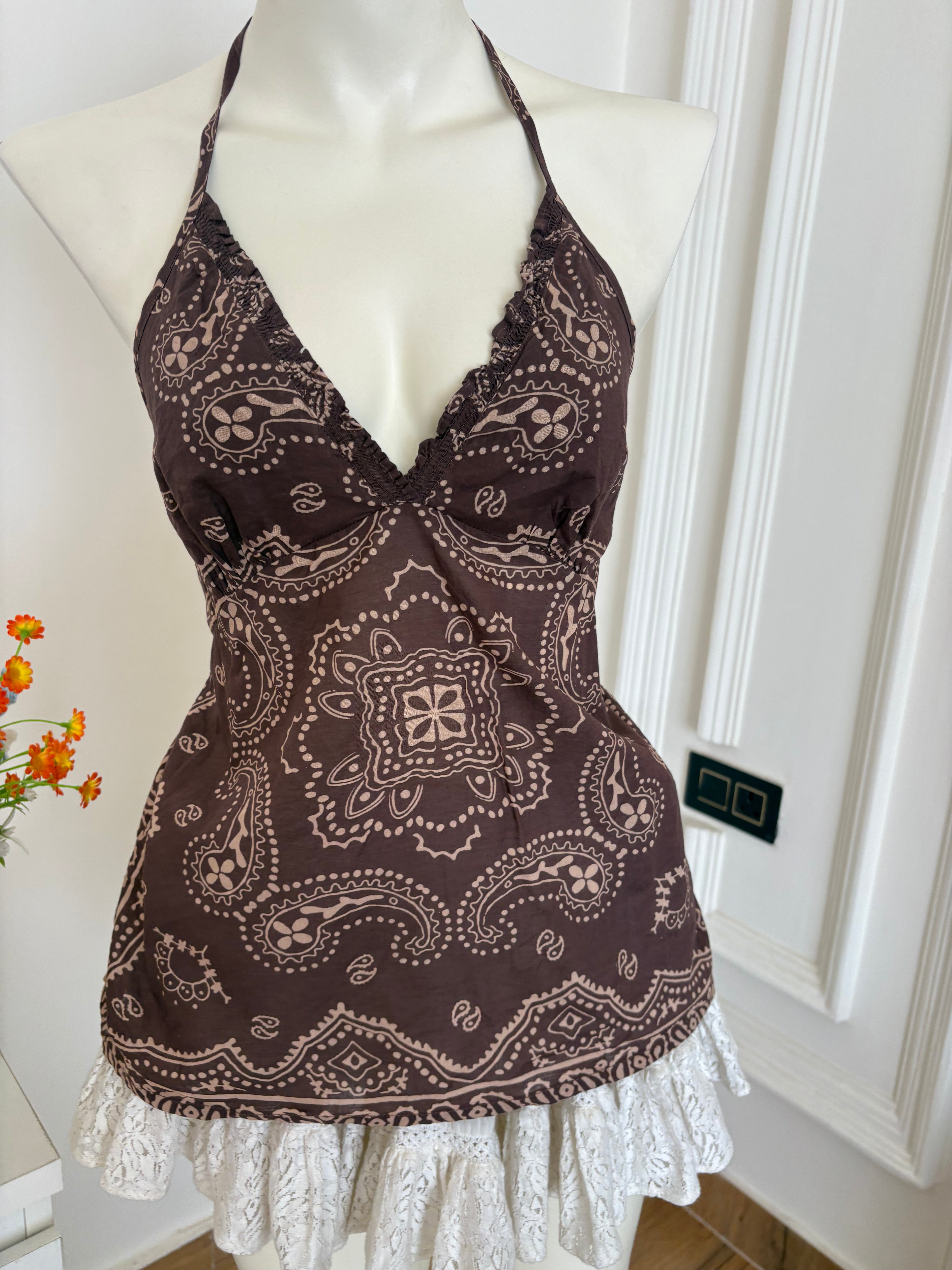 Brown printed halter neck top