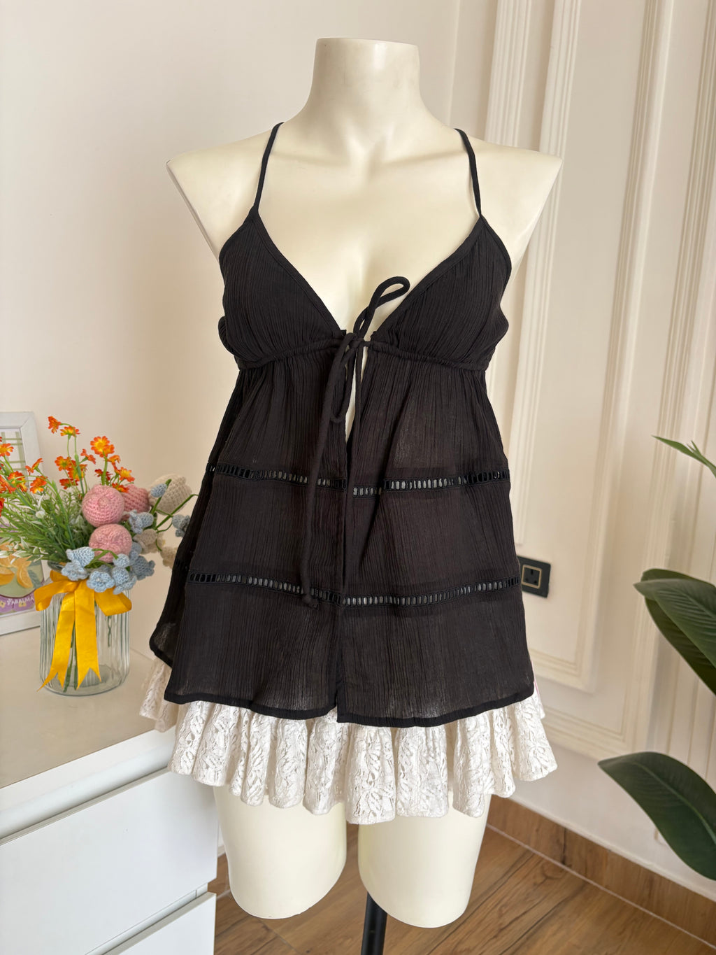 Black front tie top