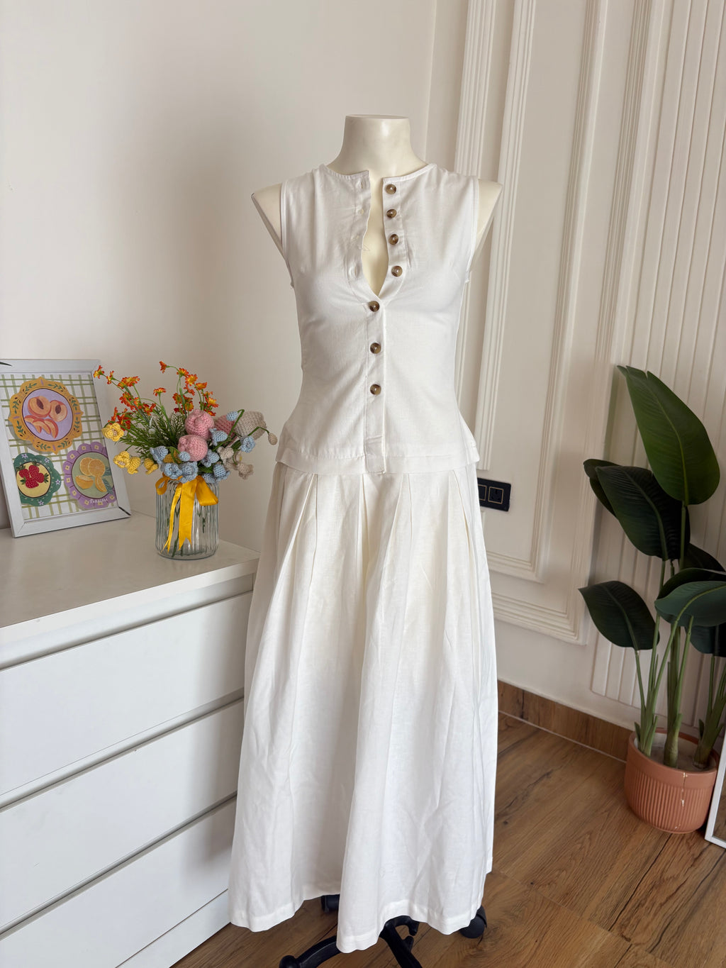 White cotton linen button dress