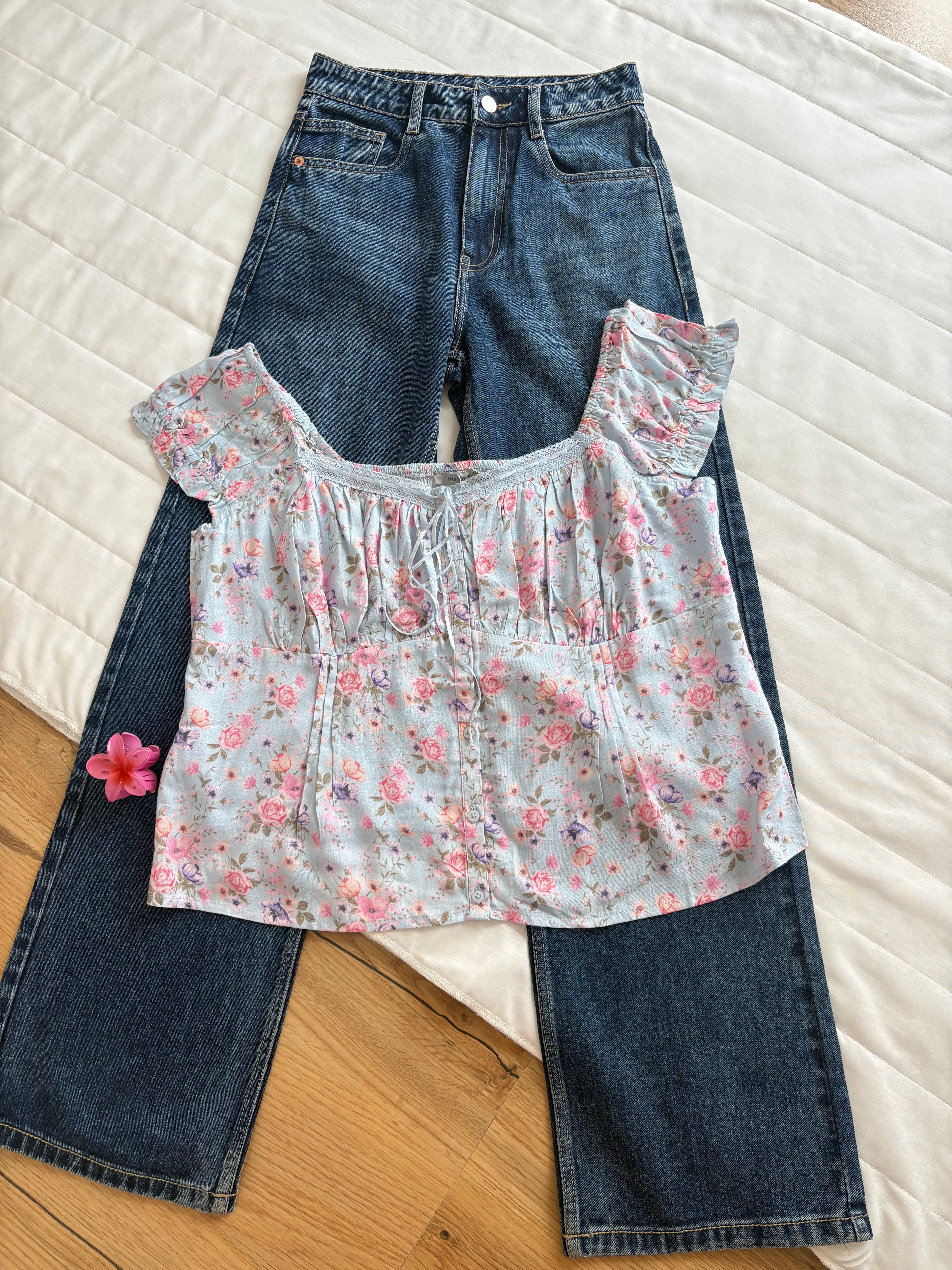 Blue pink floral top