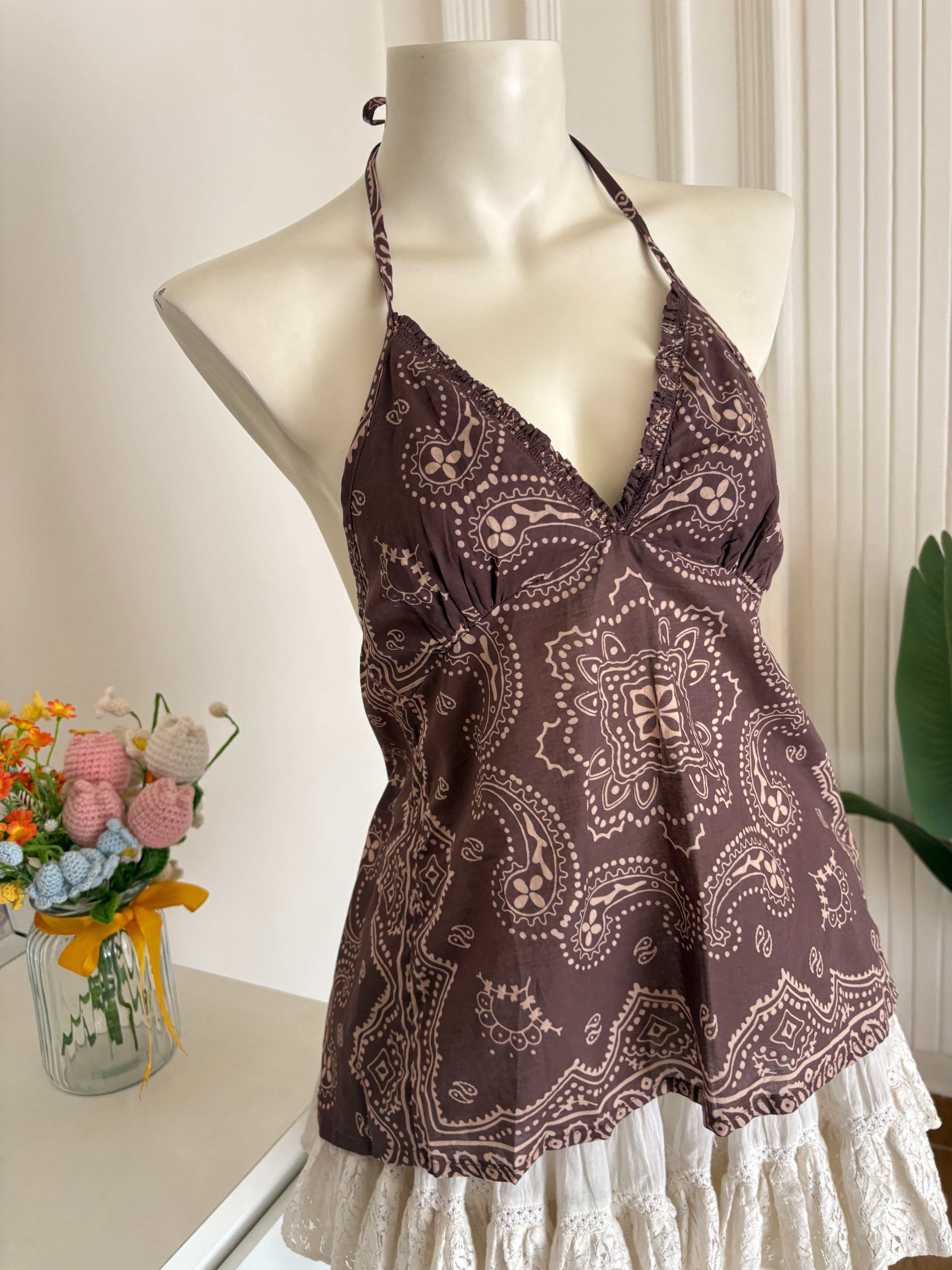 Brown printed halter neck top
