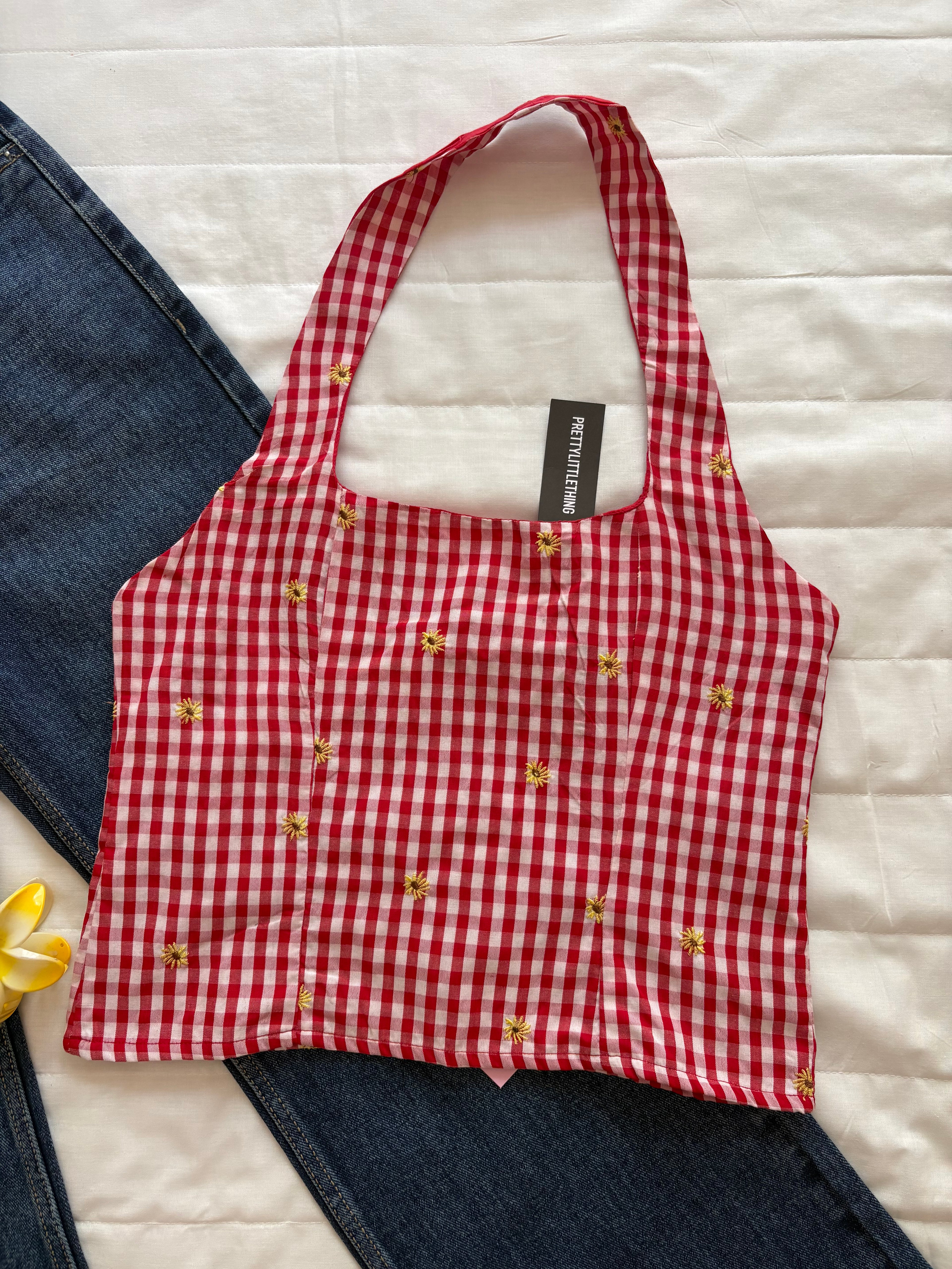 Red gingham flower embroidered top