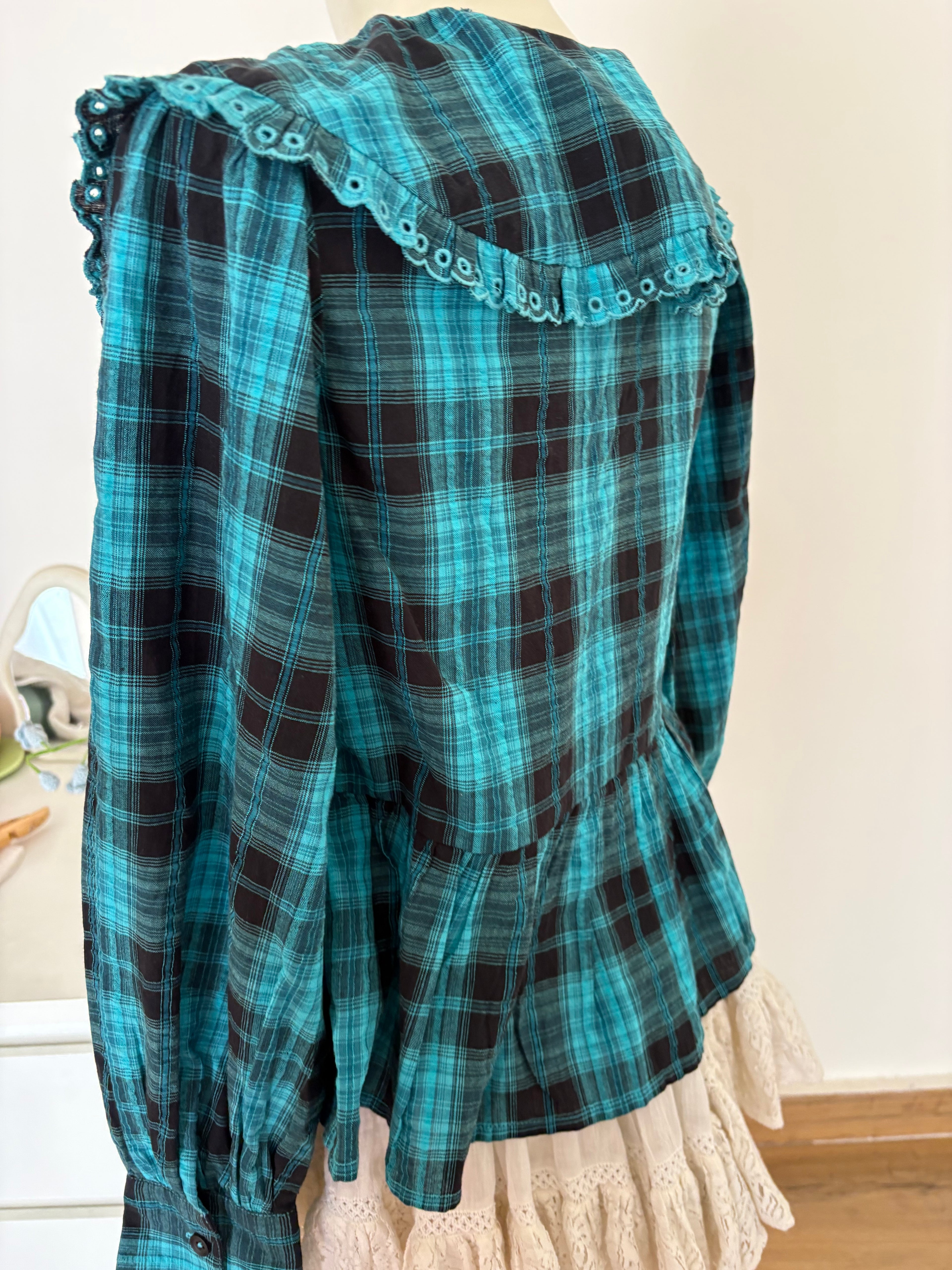 sea-green and black check front tie
