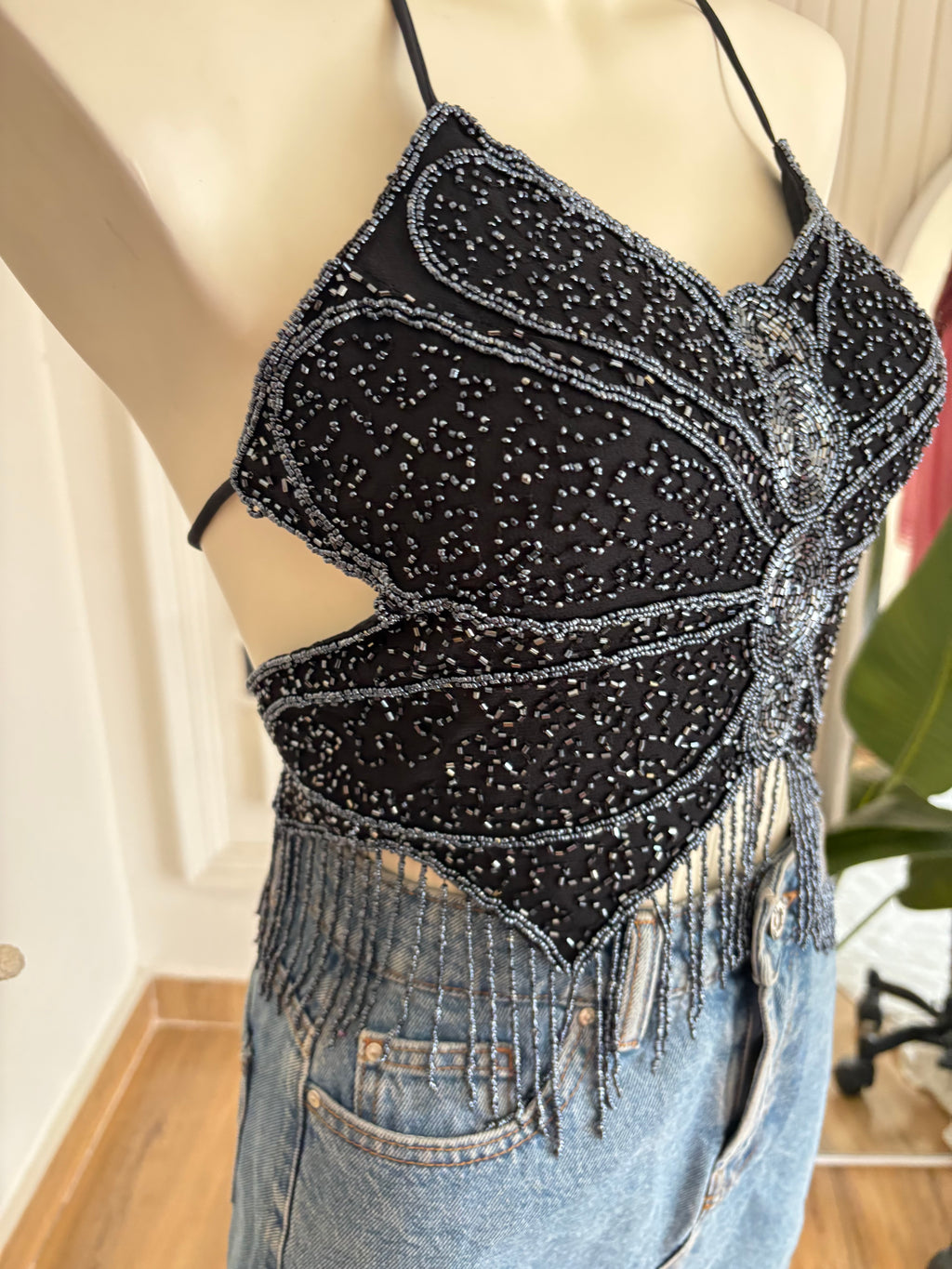 Black blue beads butterfly top