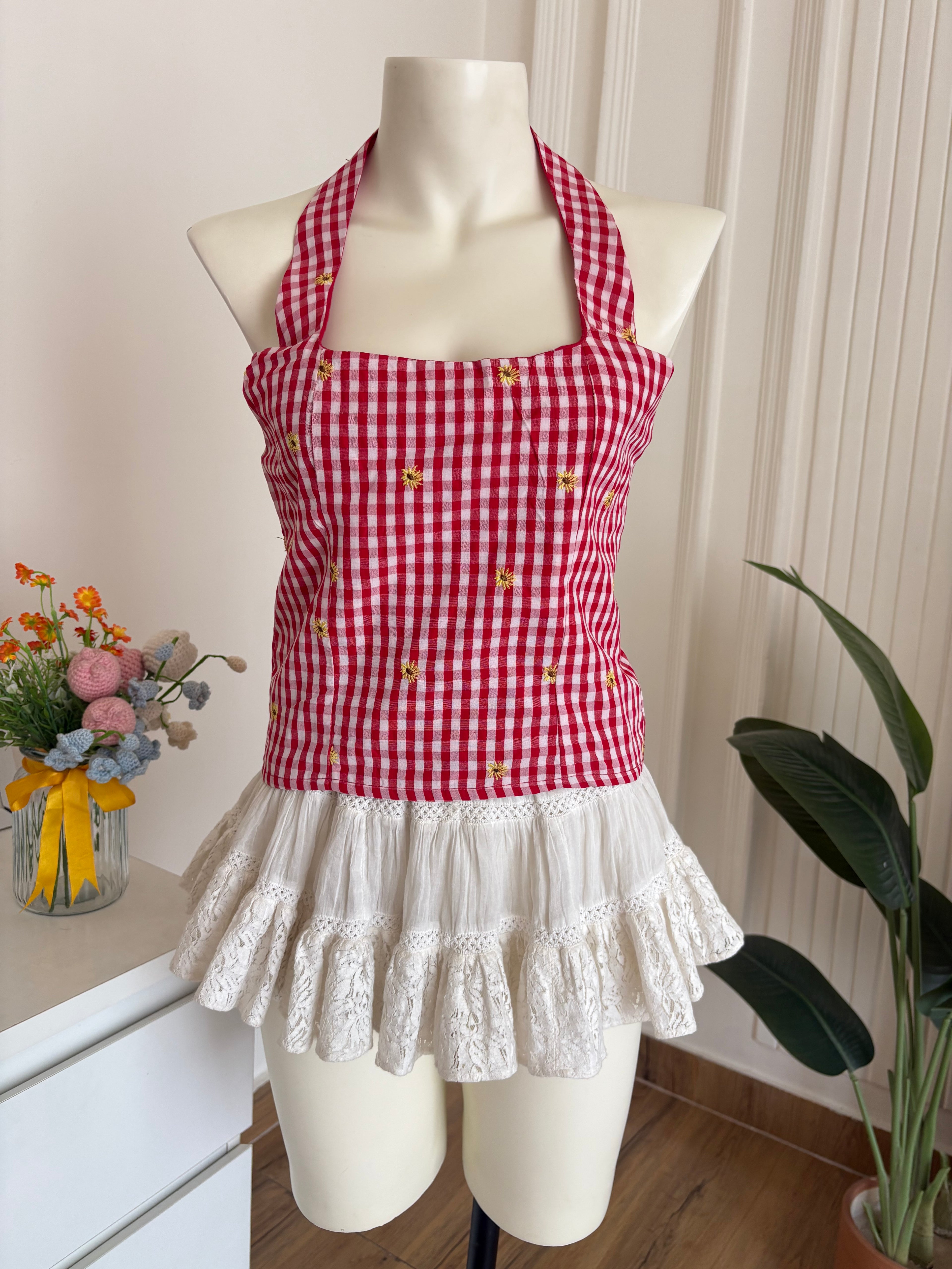Red gingham flower embroidered top
