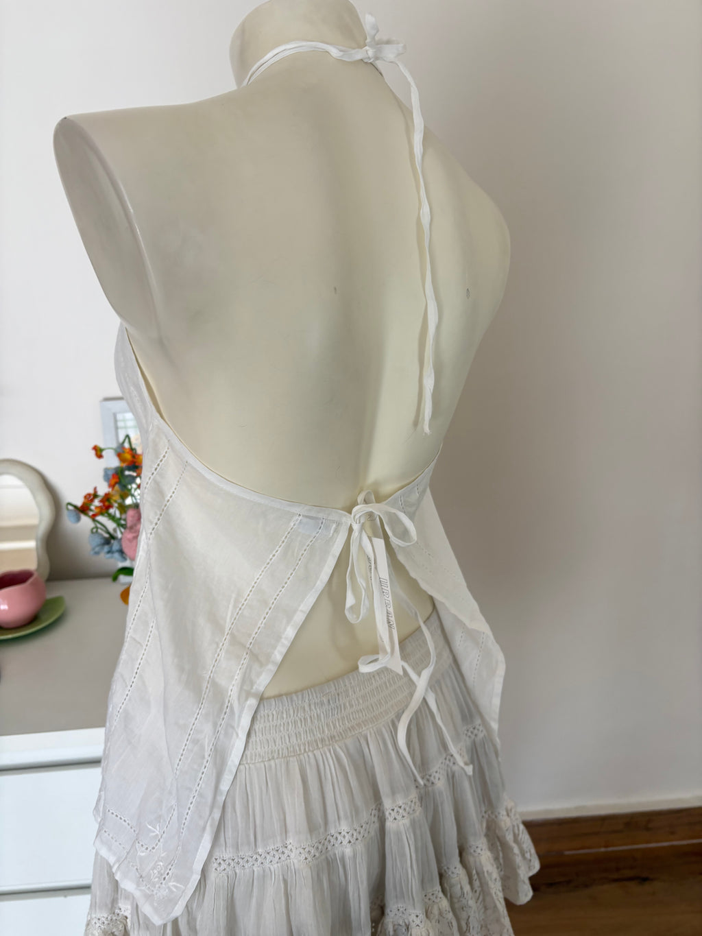 White embroidered halter neck cotton