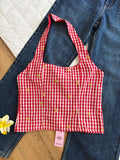 Red gingham flower embroidered top