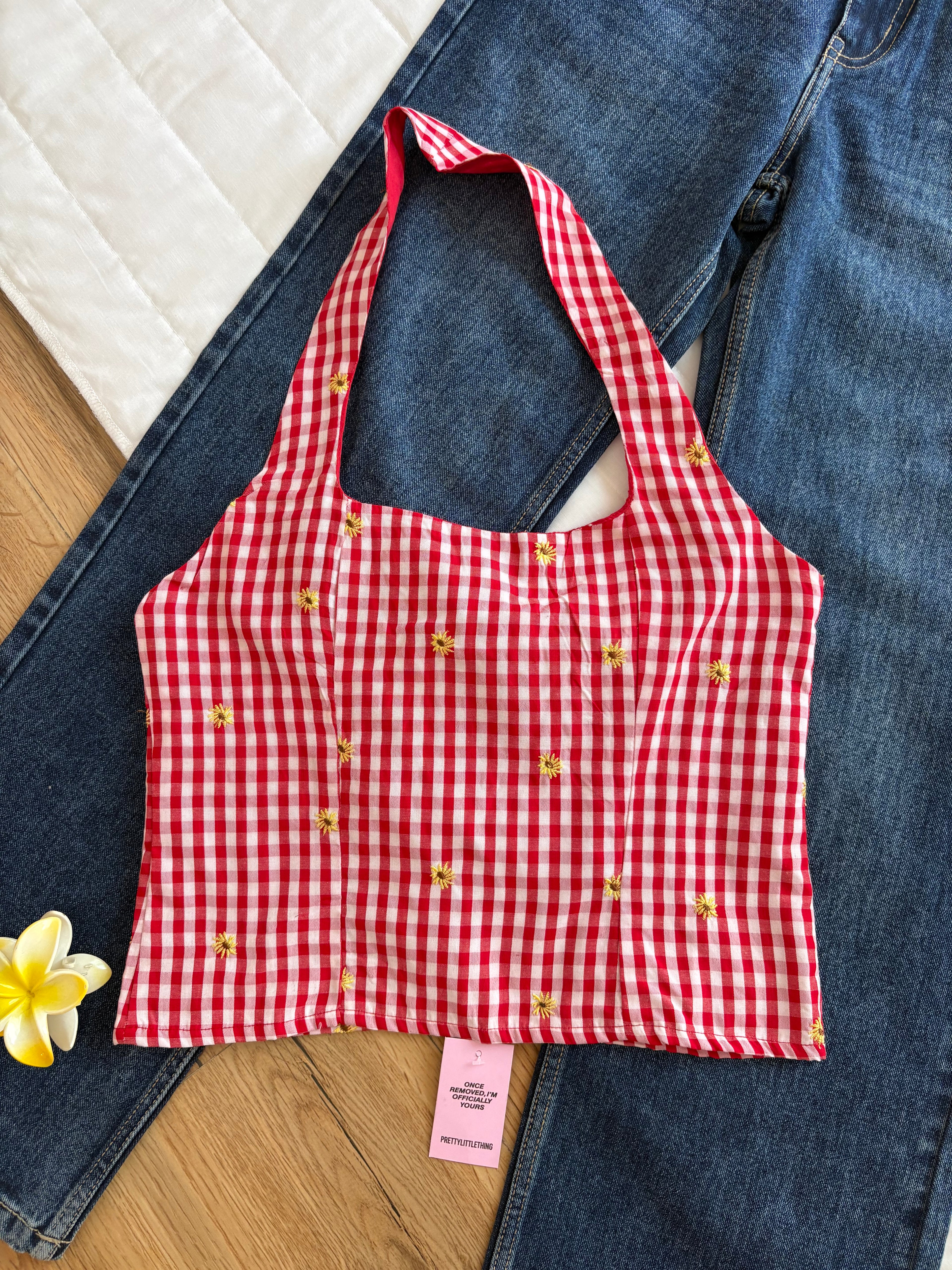 Red gingham flower embroidered top