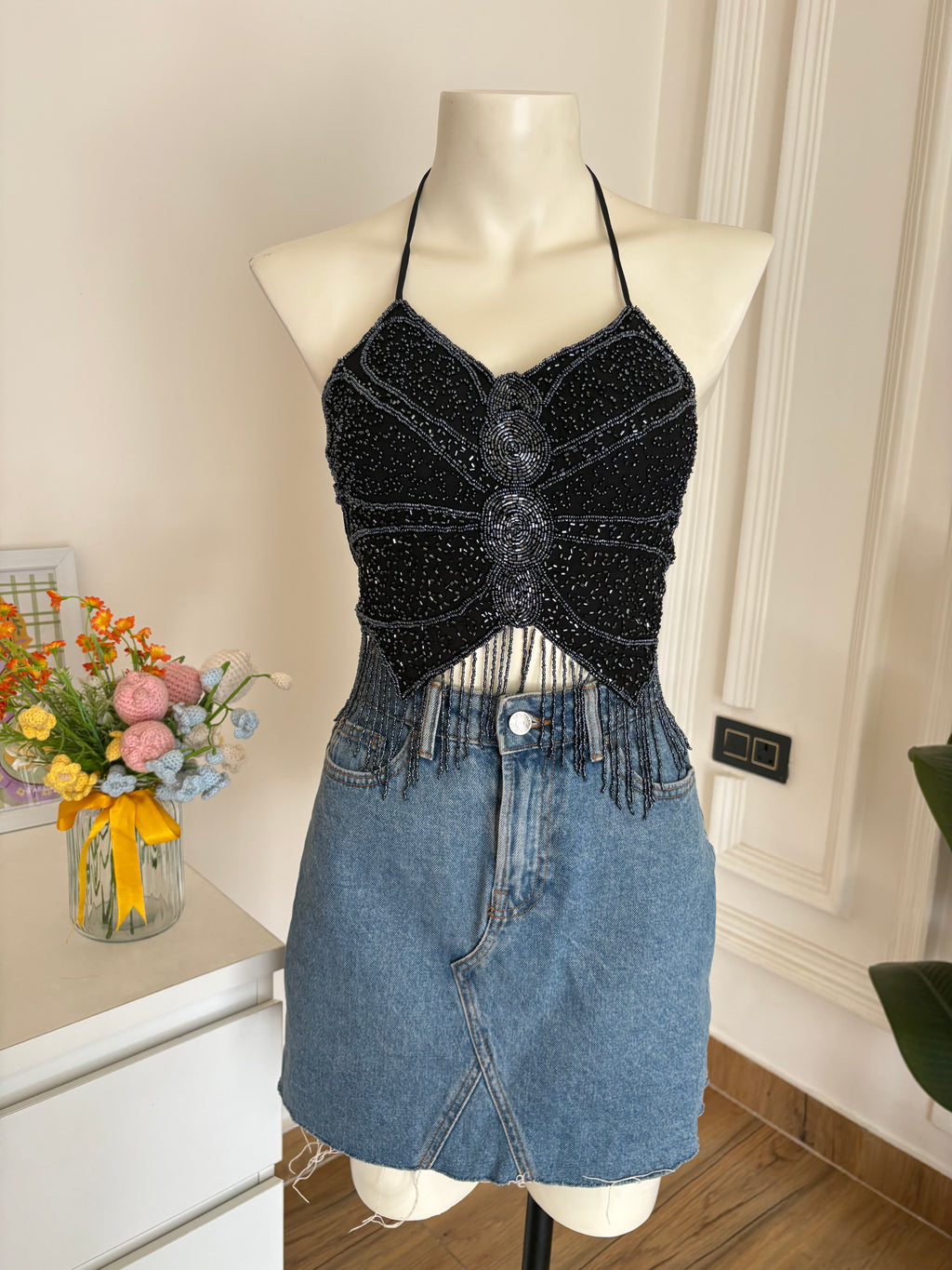 Black blue beads butterfly top