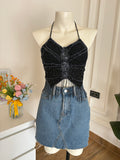 Black blue beads butterfly top
