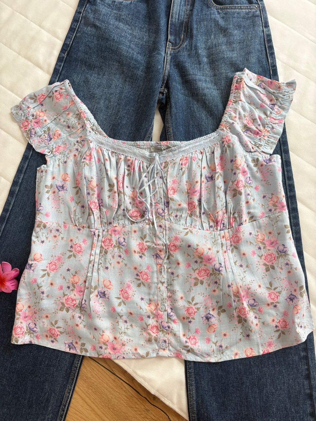 Blue pink floral top