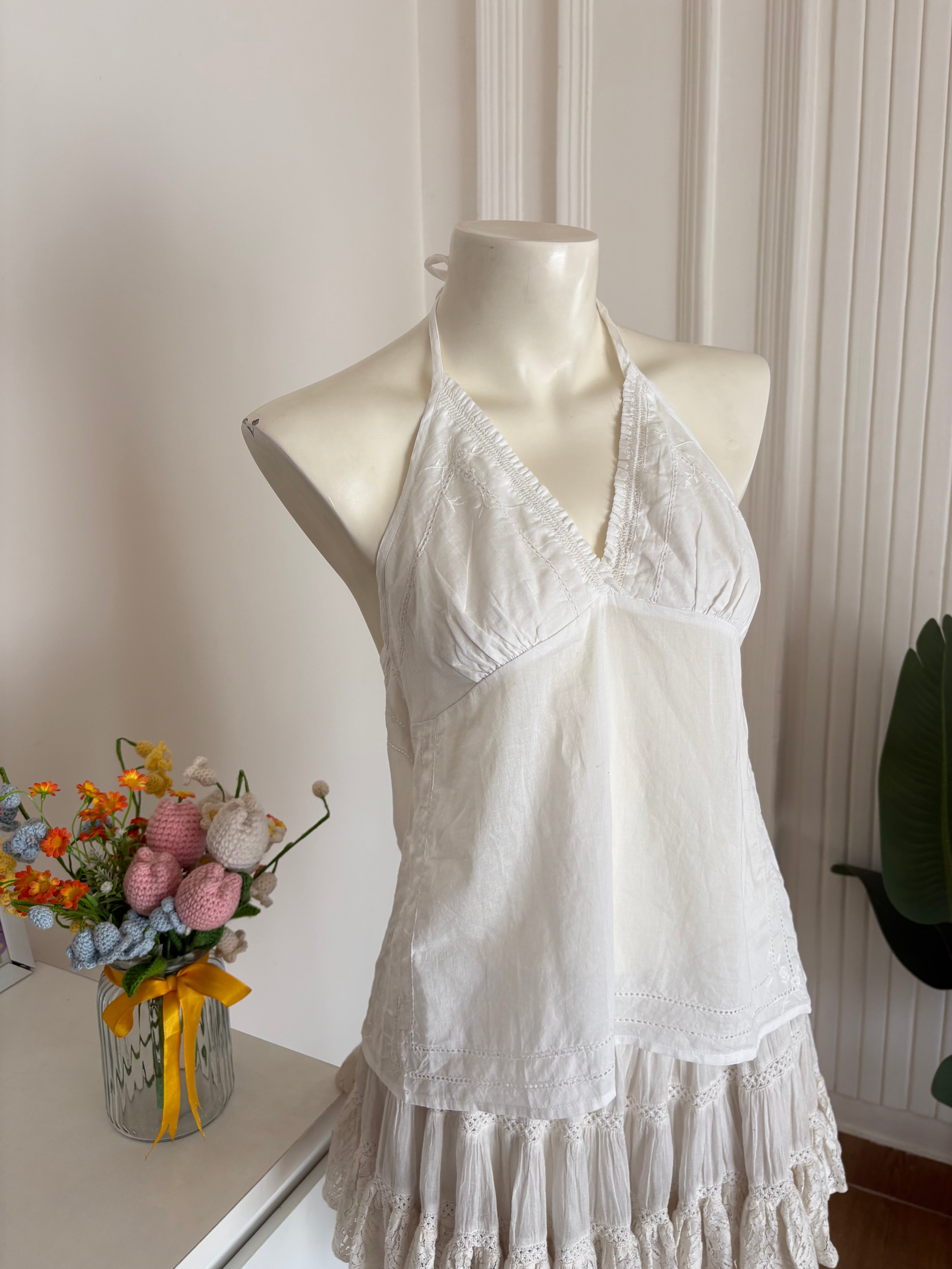 White embroidered halter neck cotton
