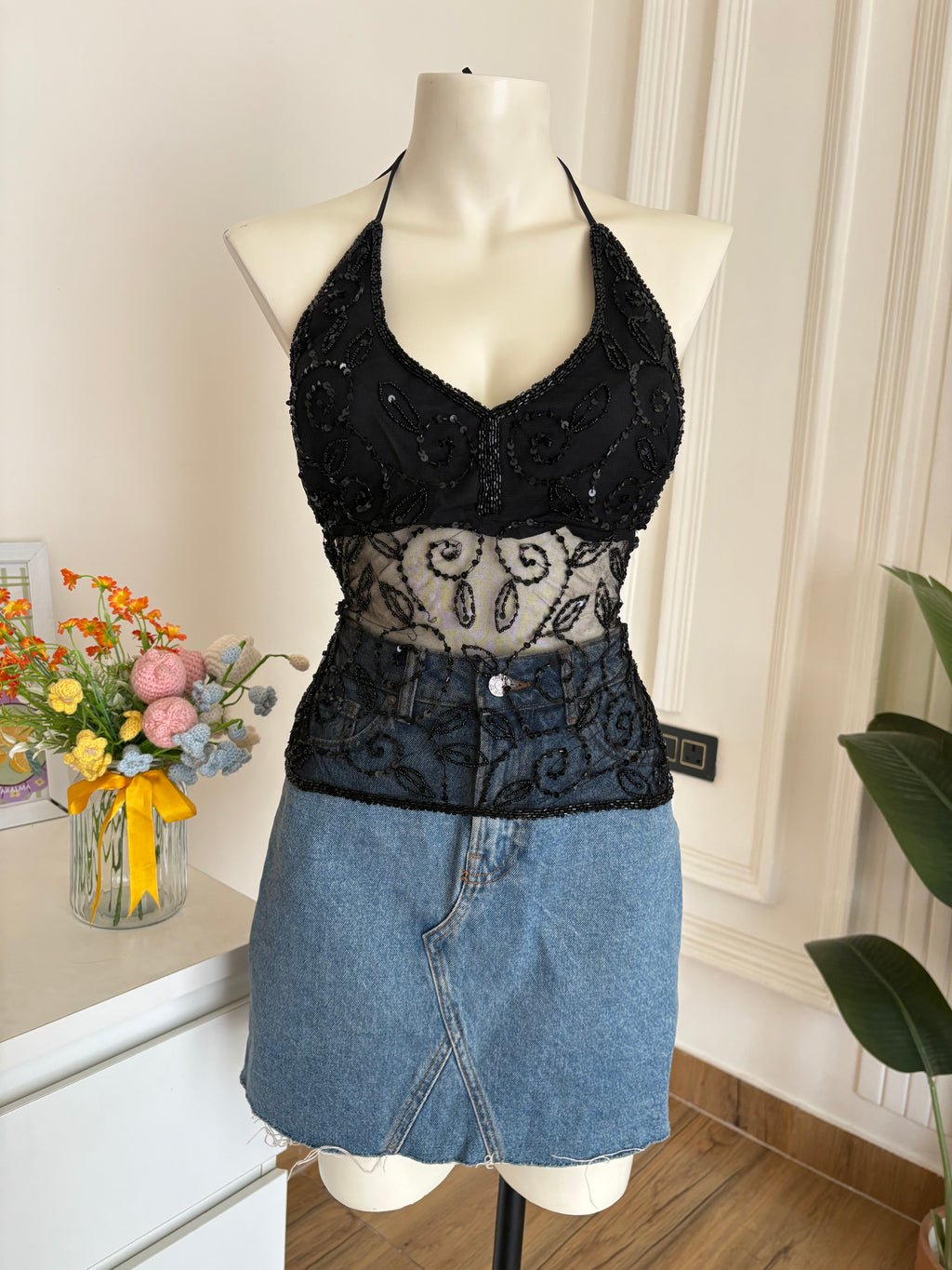 Black padded beaded top 1