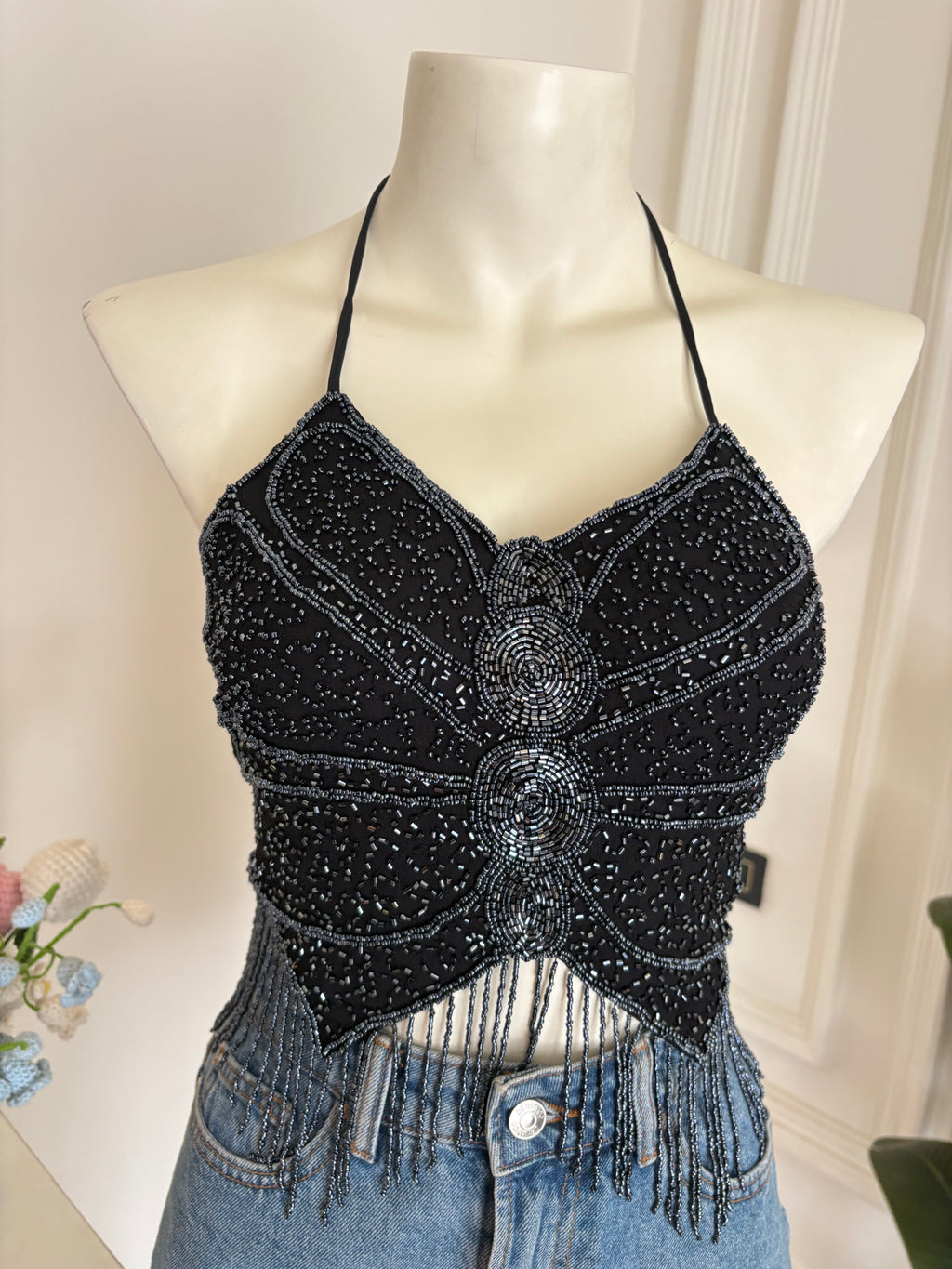 Black blue beads butterfly top