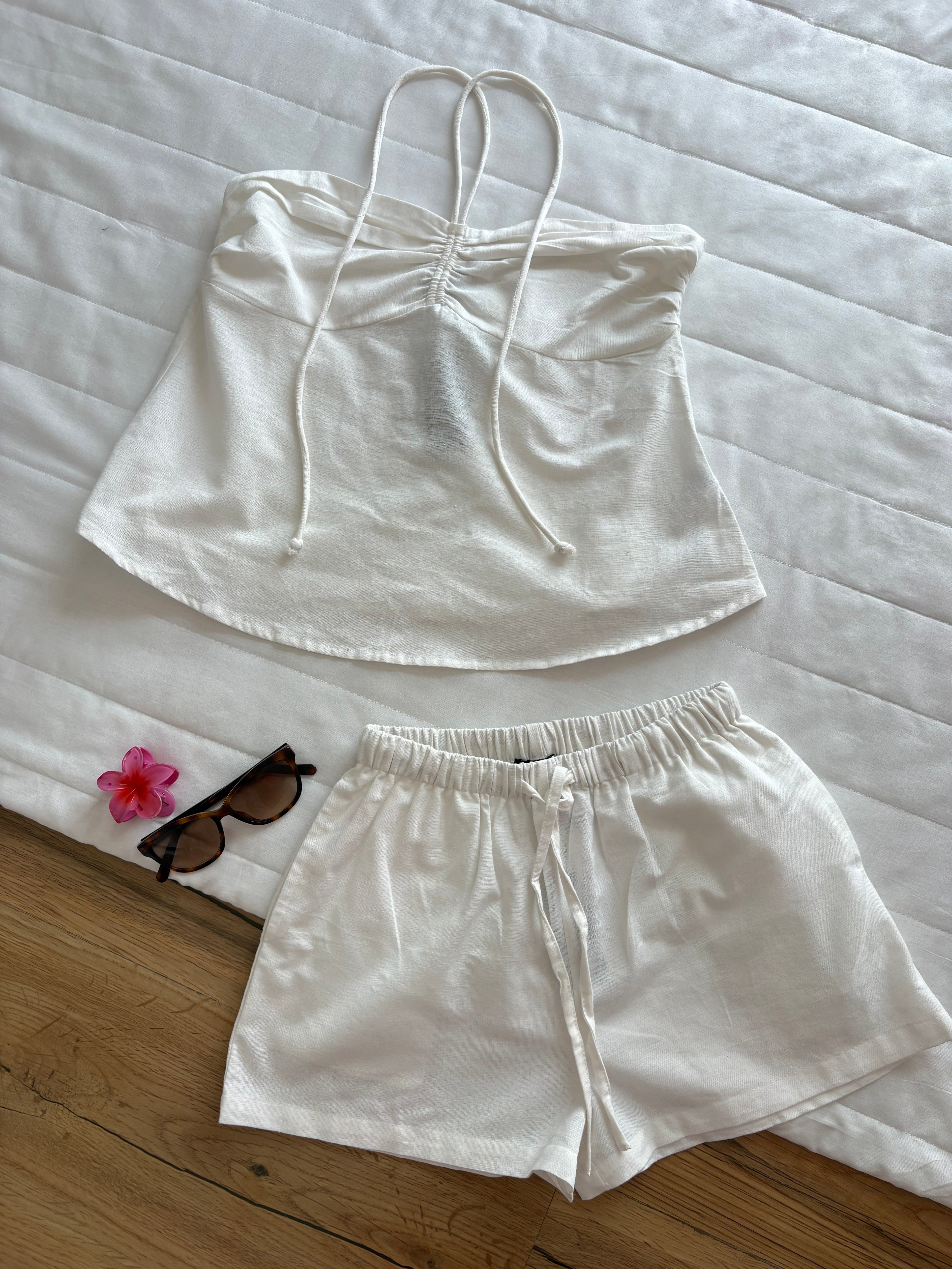 Cotton and linen White top and shorts (sold individually)