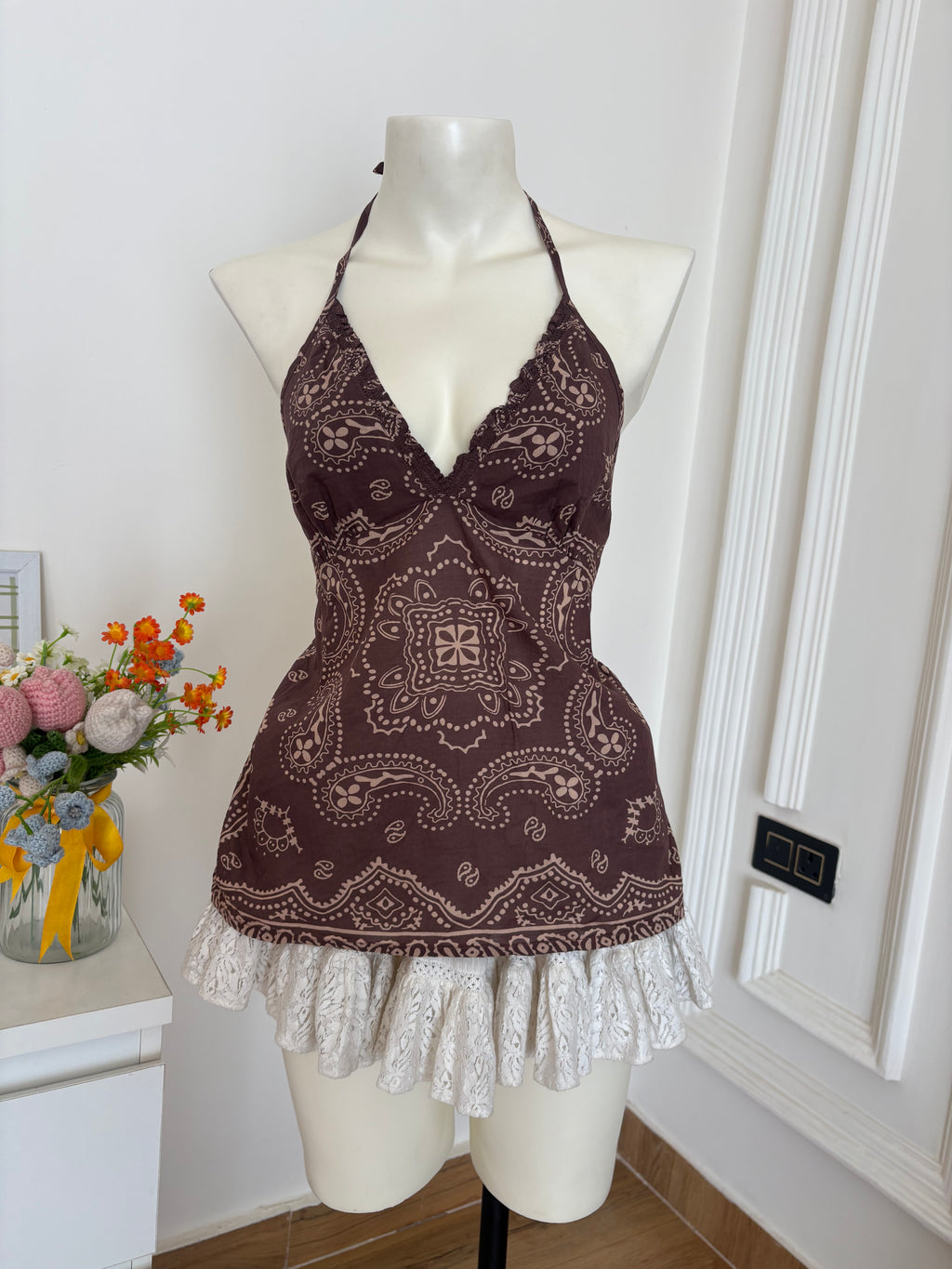Brown printed halter neck top