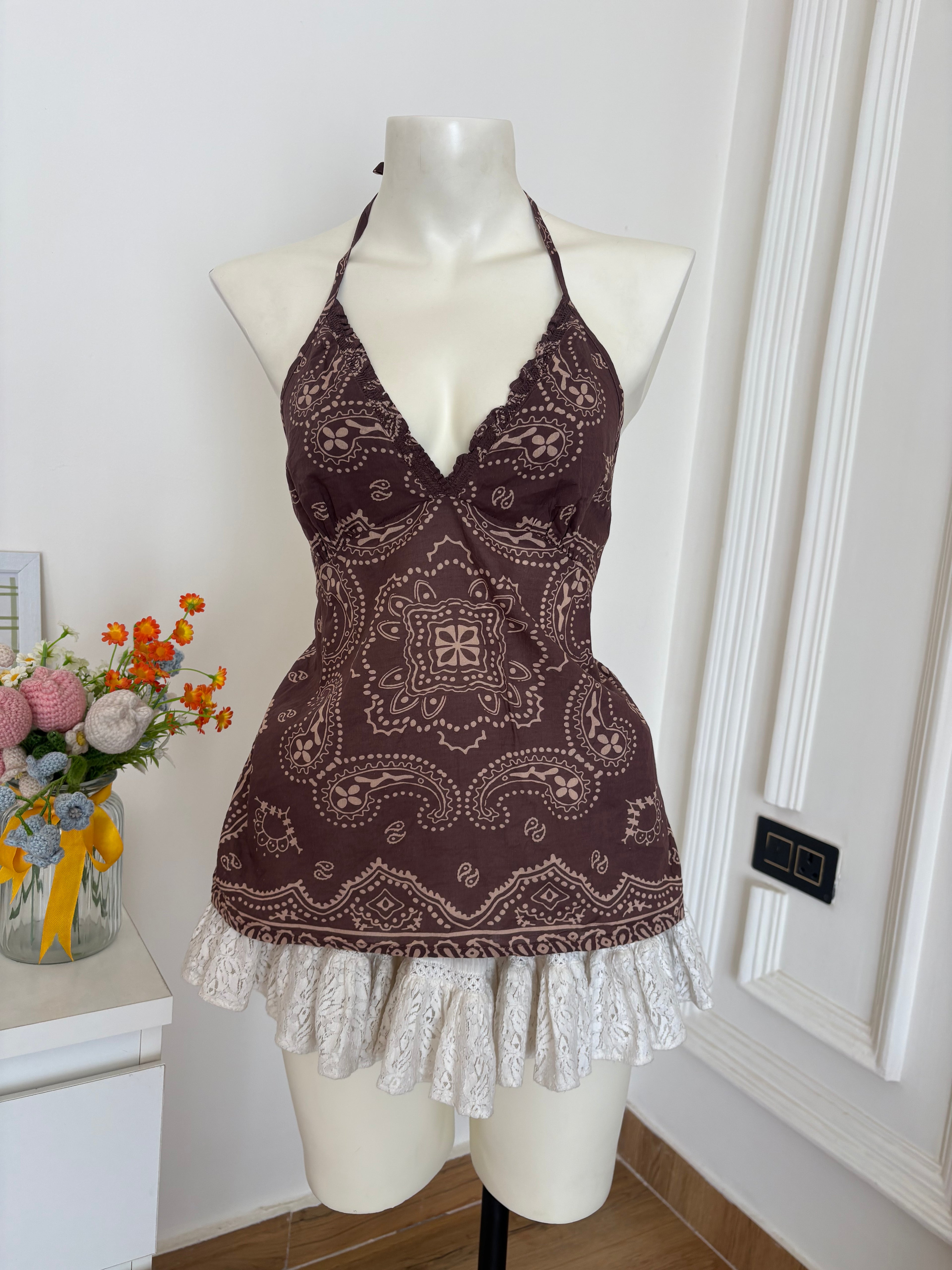 Brown printed halter neck top