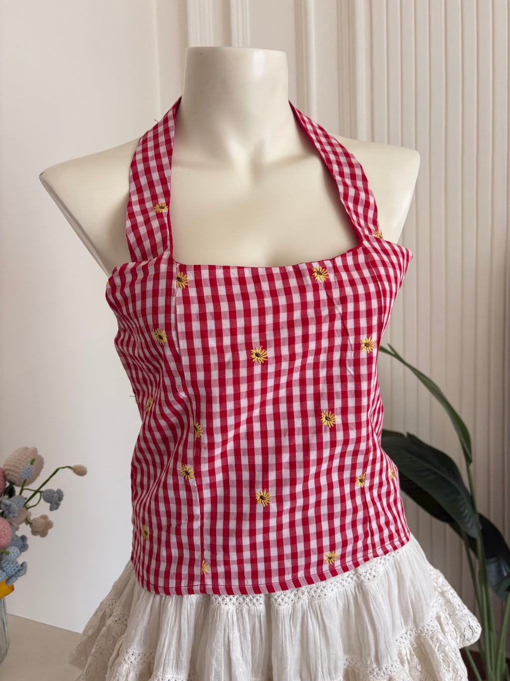 Red gingham flower embroidered top