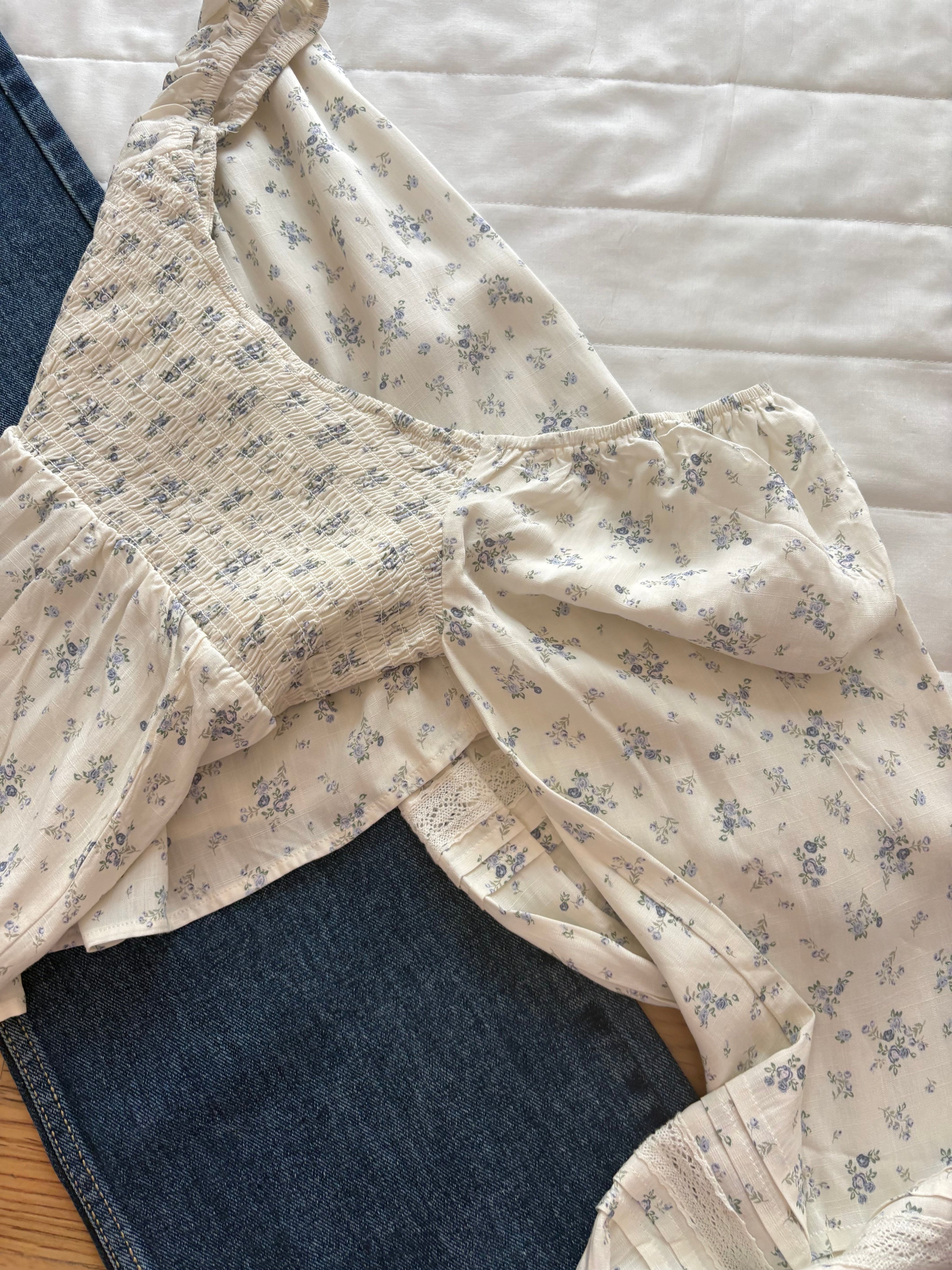 full sleeve white blue floral top