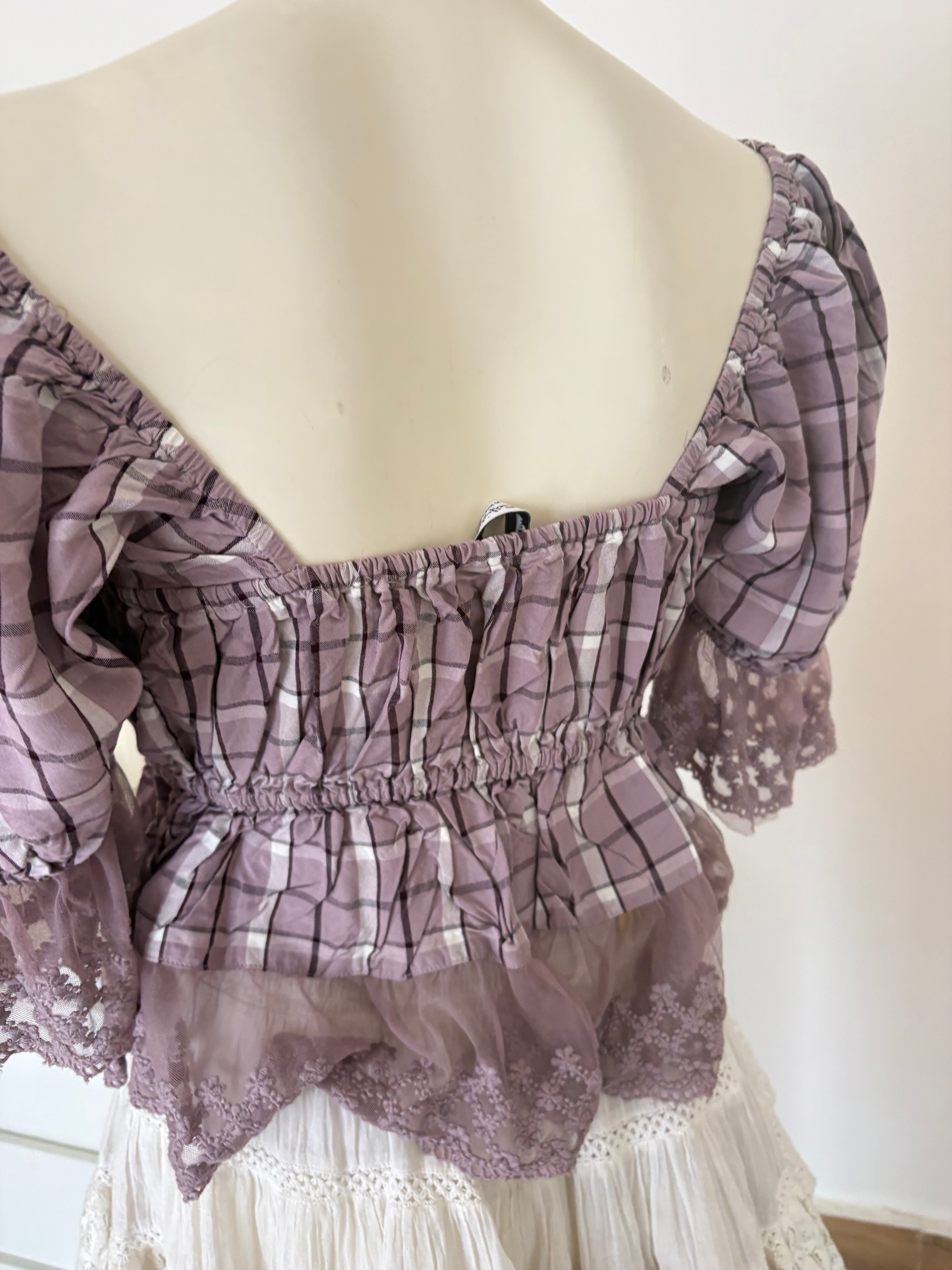mauve plaid mesh  details top