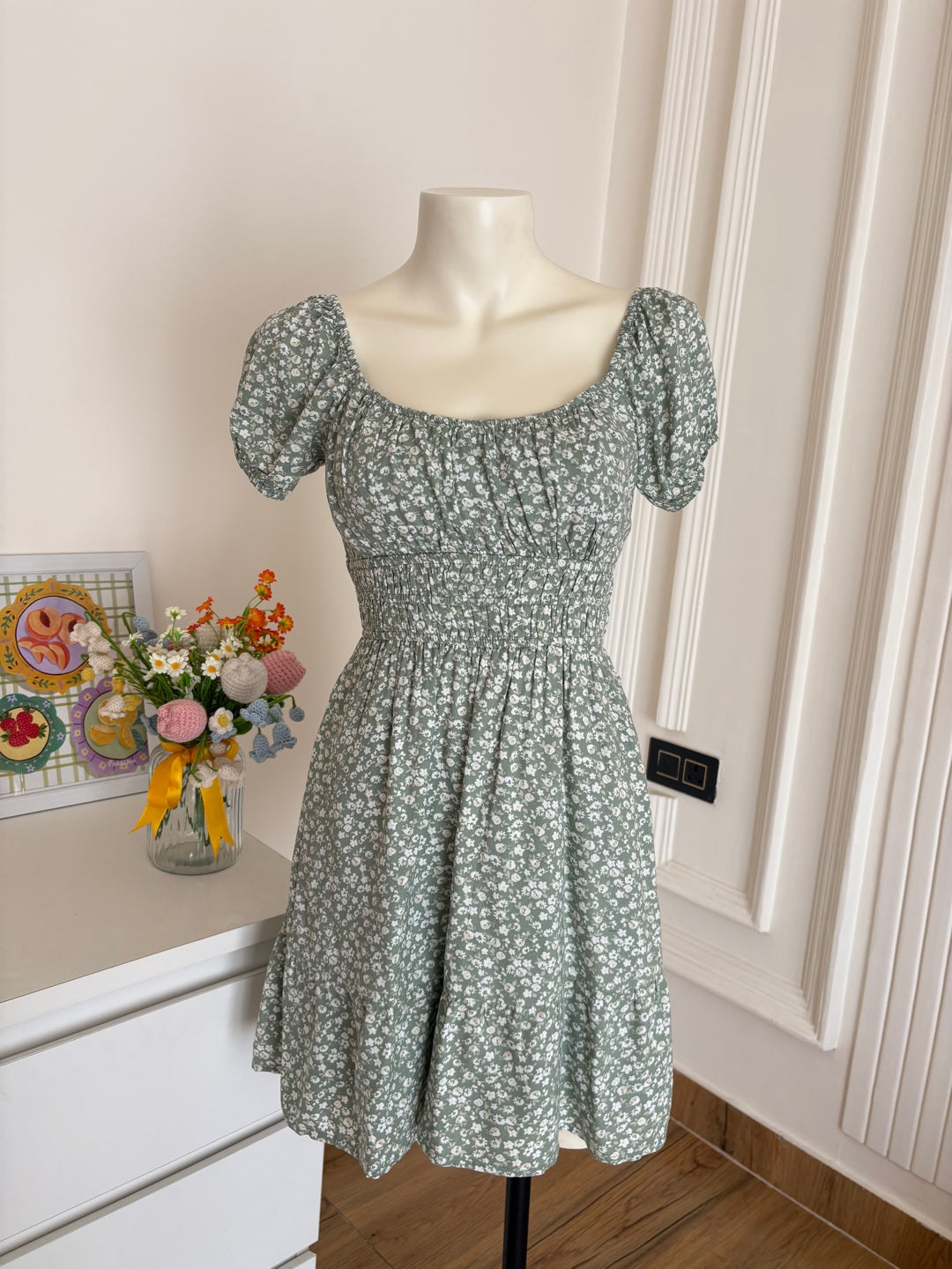 green padded dress
